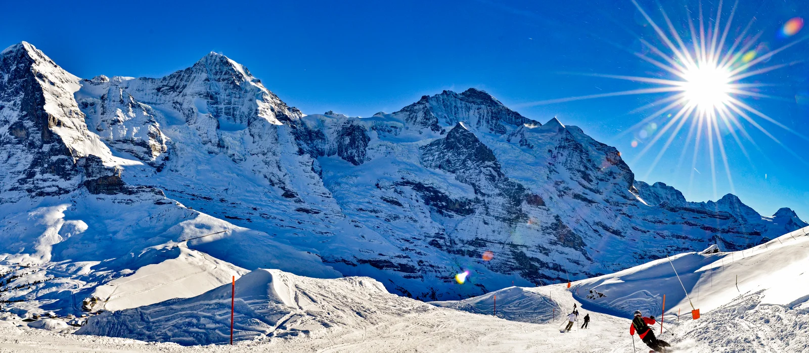Ski piste with a view of the Eiger, Mönch and Jungfrau