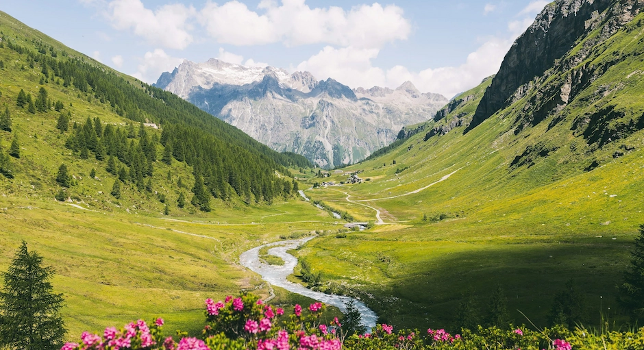 A meandering river flows through a lush green valley bordered by mountains under a blue sky.