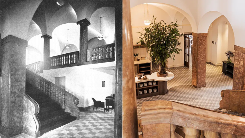 Side-by-side images of an old black and white and modern color interior with staircases and arches.