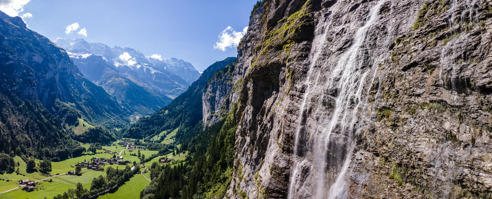 The Lauterbrunnen Valley with its sheer cliffs and waterfalls seen from above