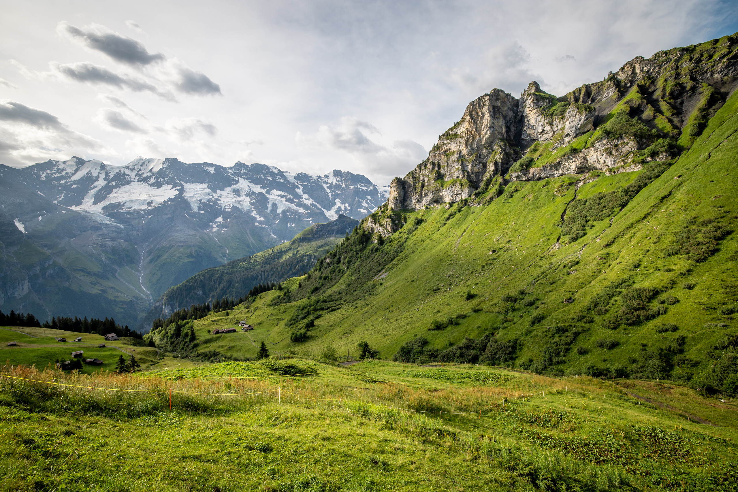 A hiker on the meadow trail above Mürren with steep cliffs and snow-capped peaks beyond