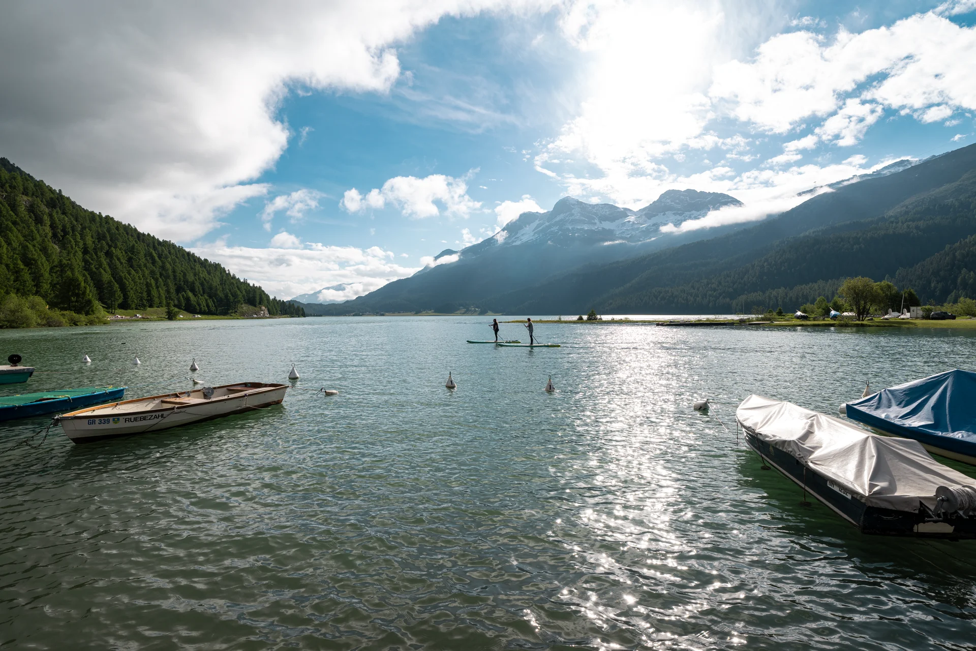 Adeptes du stand up paddle sur l'eau calme du lac de Sils près de Sils Maria en été