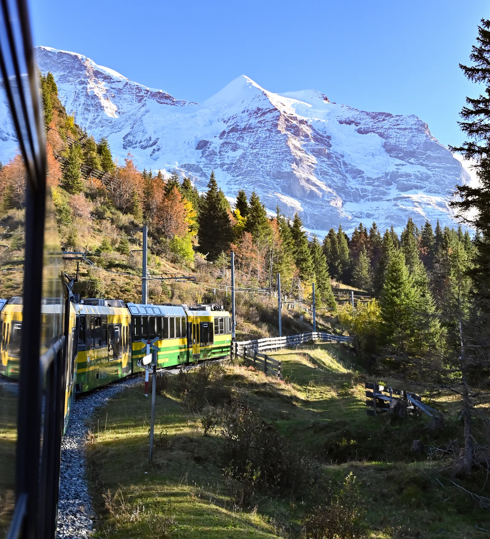 Die Wengernalpbahn unter schneebedeckten Gipfeln Richtung Kleine Scheidegg