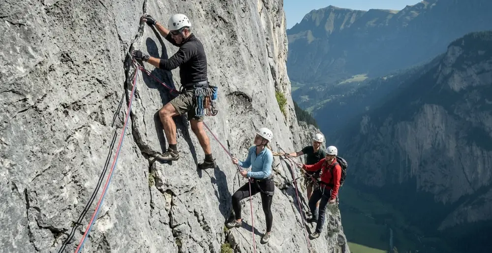 Quatre grimpeurs gravissant une paroi de calcaire gris au-dessus d'une vallée alpine verdoyante, l'un d'eux assurant depuis le bas.