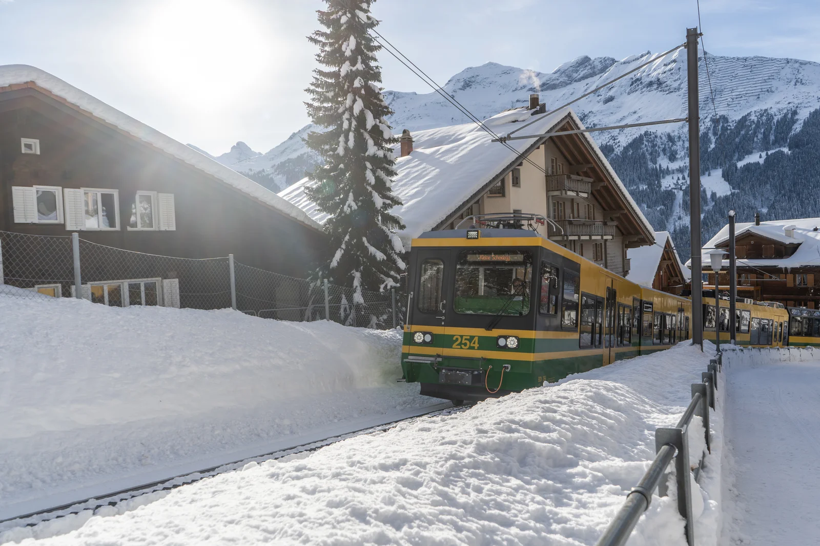 Zug der Wengernalpbahn im tiefen Schnee zwischen Chalets im Dorf Wengen