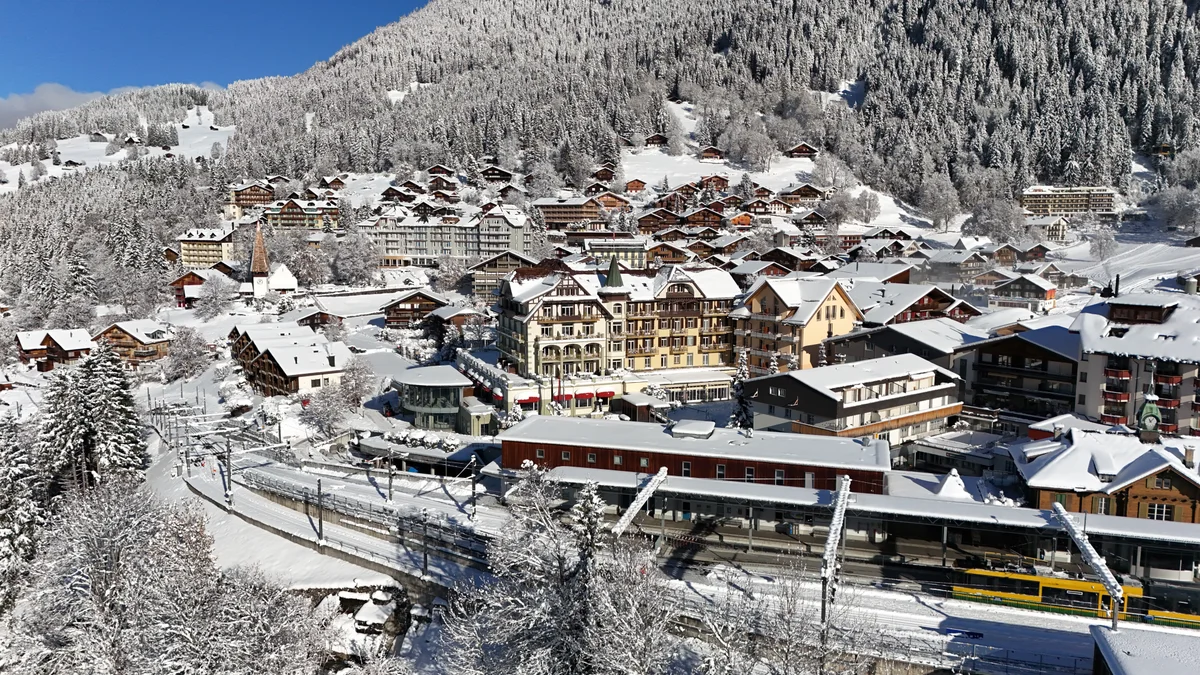 Wengen and Victoria Lauberhorn in winter from above