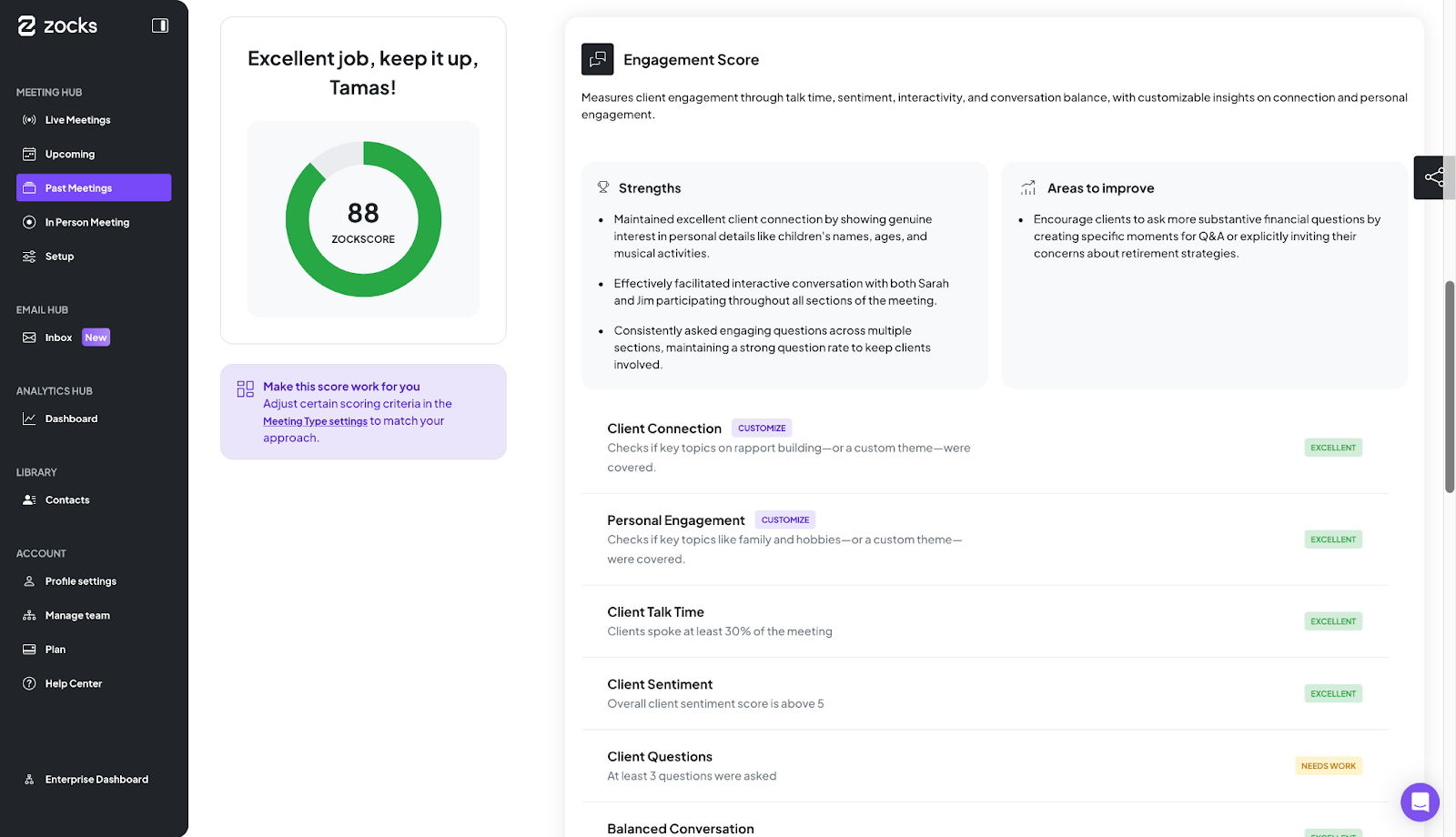 Zocks AI Assistant Advisor Coaching - Meeting Scorecards