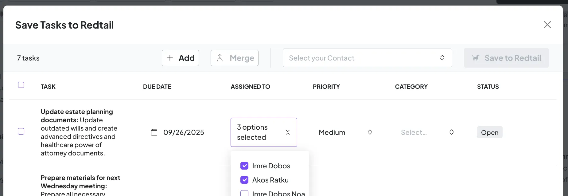 Multi-team member task assignment in Redtail from Zocks