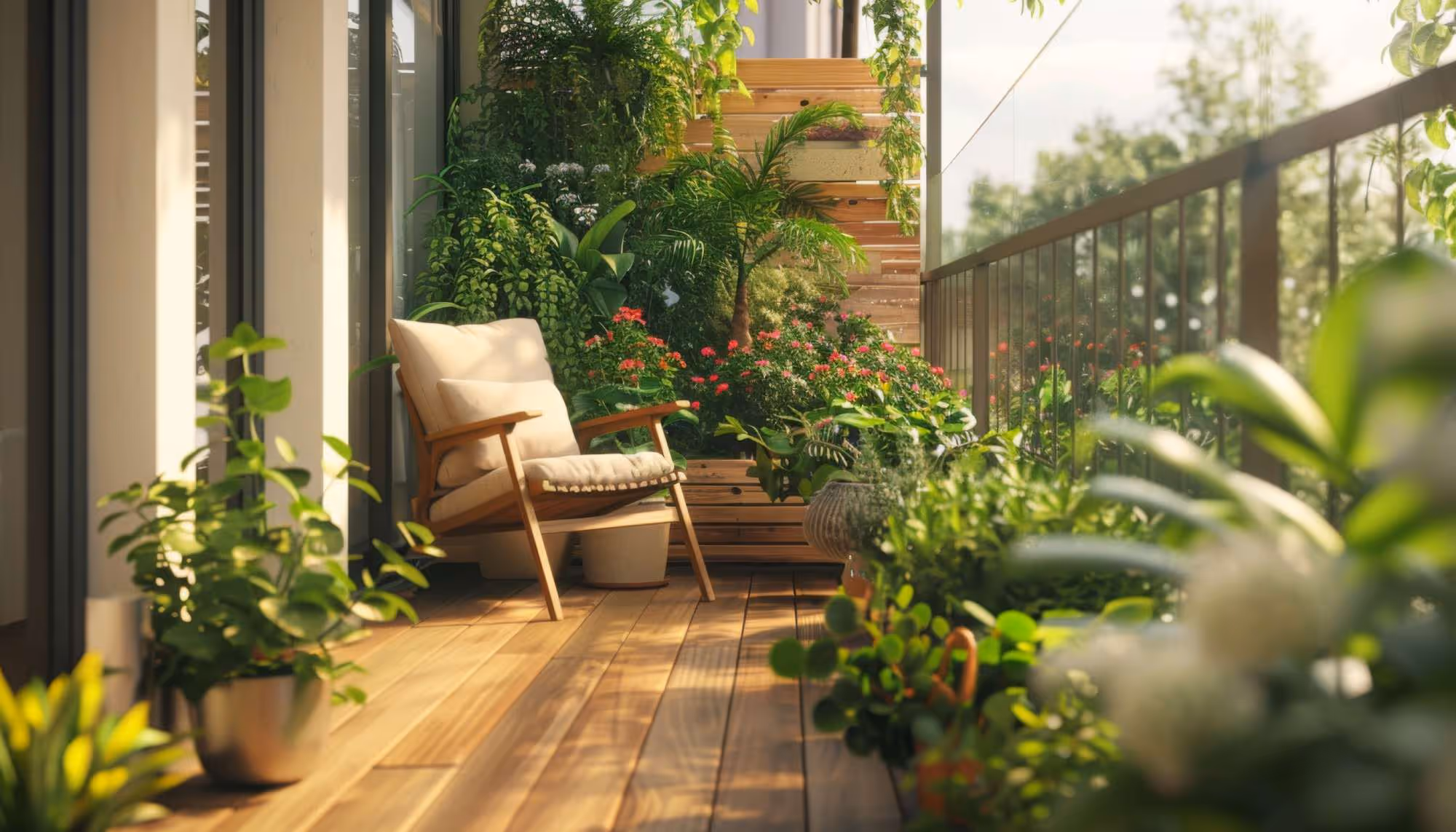 Polstersessel aus Holz und Begrünung am hölzernen Balkon