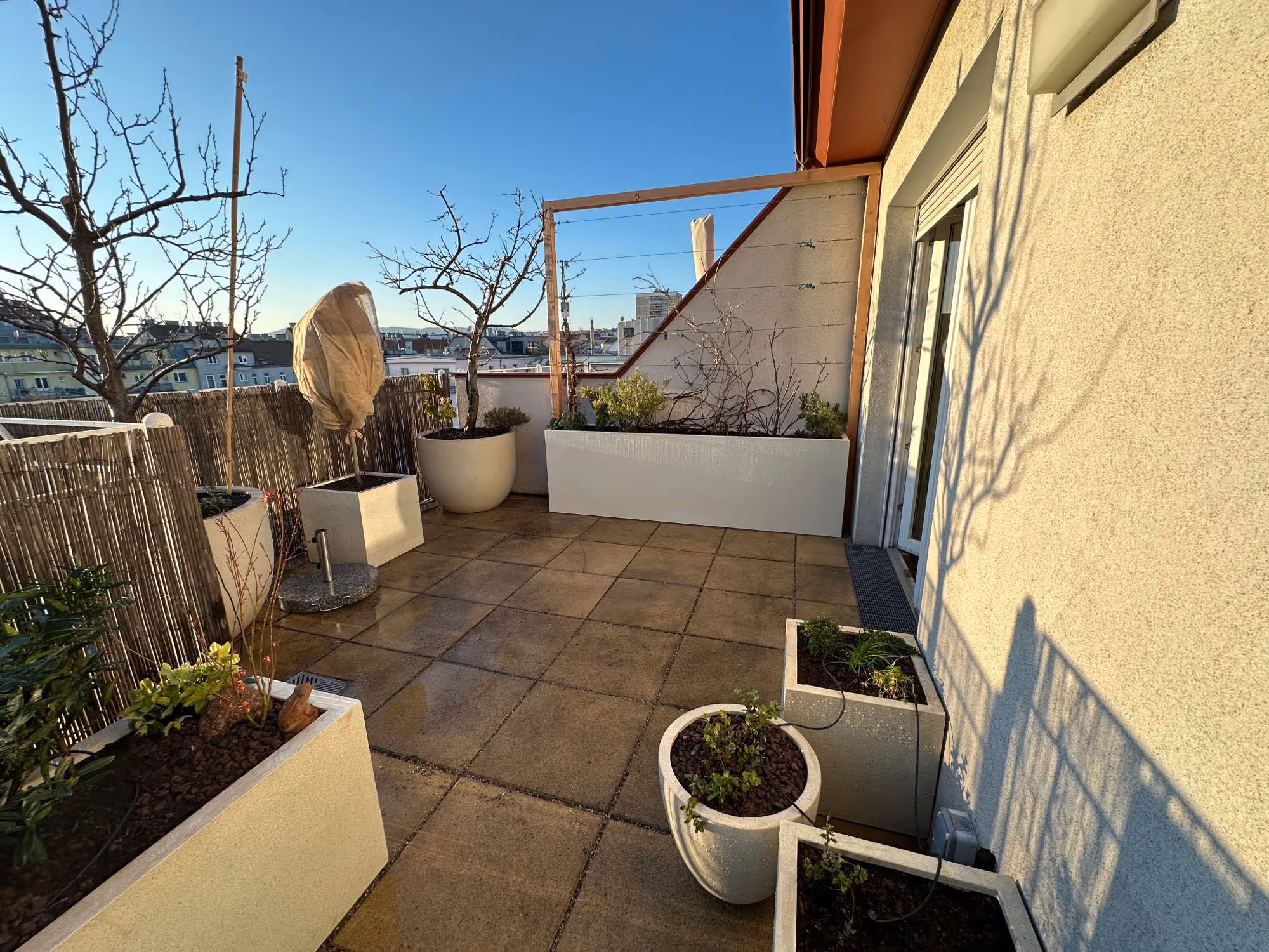 Neugestaltung Terrasse Fieberglaströge, ohne passende Begrünung