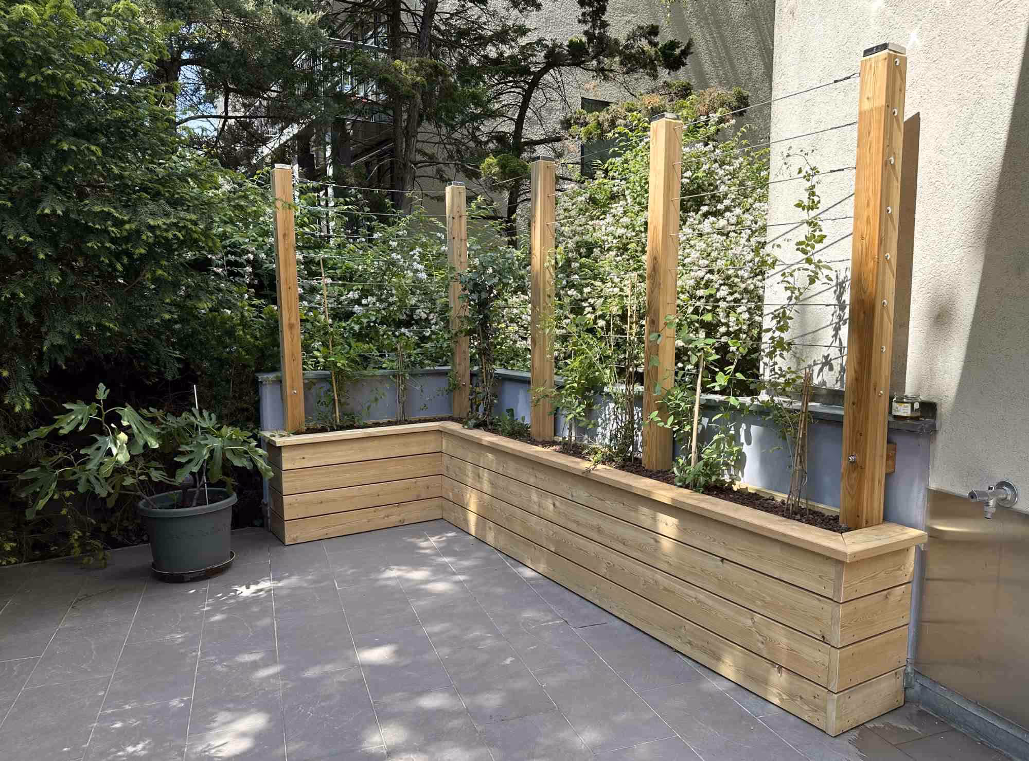 Terrassengestaltung, Holzbau, Pflanzgefäß nach Mass aus Lärchenholz und Edelstahlseile als Rankhilfe
