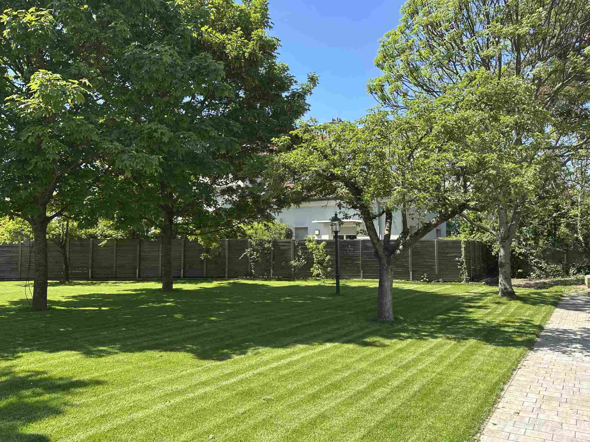 Großer Garten mit frischem Rollrasen, eingefasst von Bäumen und Hecken