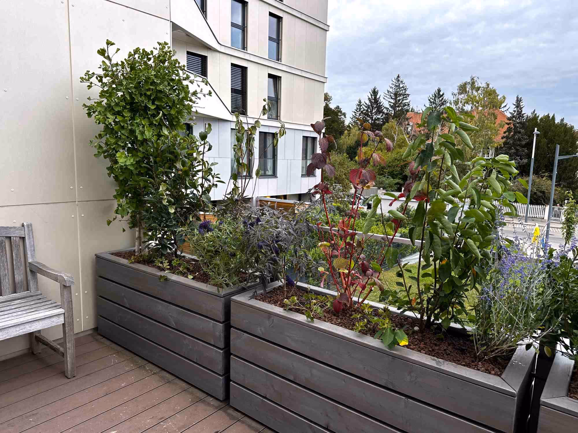 Hochbeet aus Holz auf modernem Balkon mit Bepflanzung