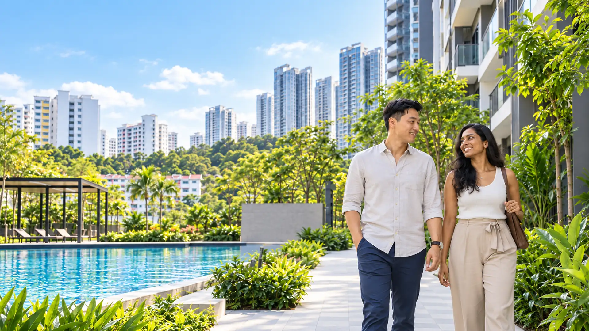 Couple walking in Singapore Condo near building and swimming pool