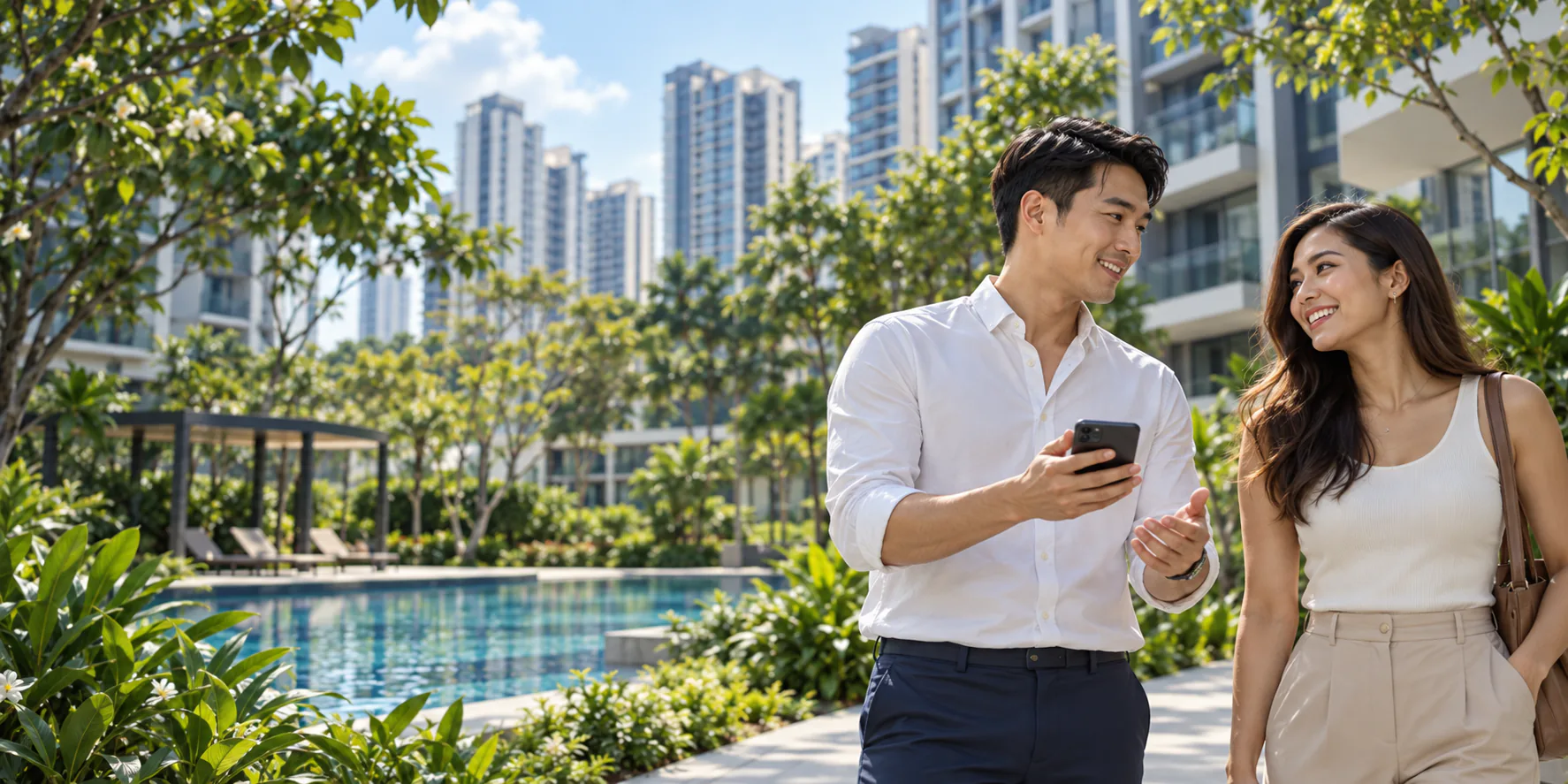 A smiling couple walks through a condominium’s outdoor facilities, checking property prices on the Kucing app.
