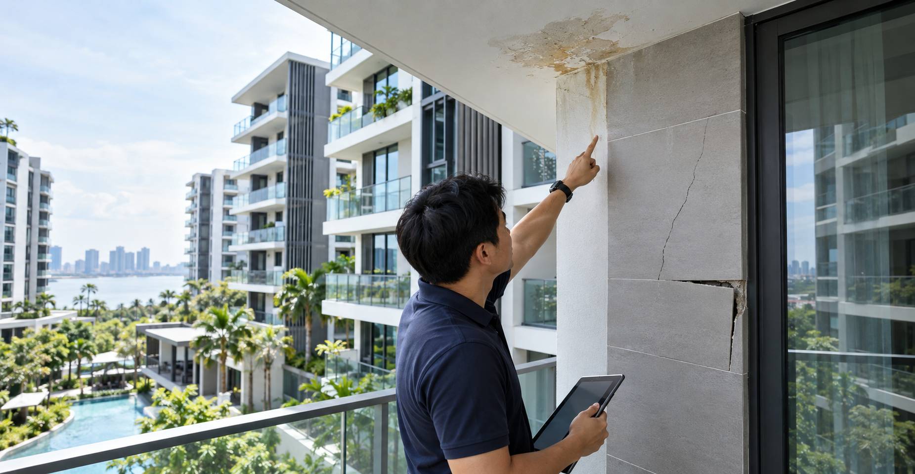 Inspector checking water seepage and wall cracks at a modern Singapore condominium