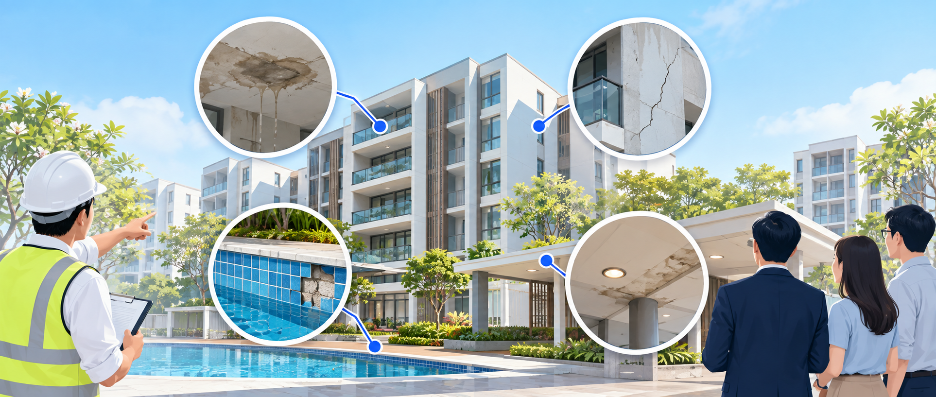 Common-property defects at a Singapore condominium including water seepage, façade cracks and shared-area damage