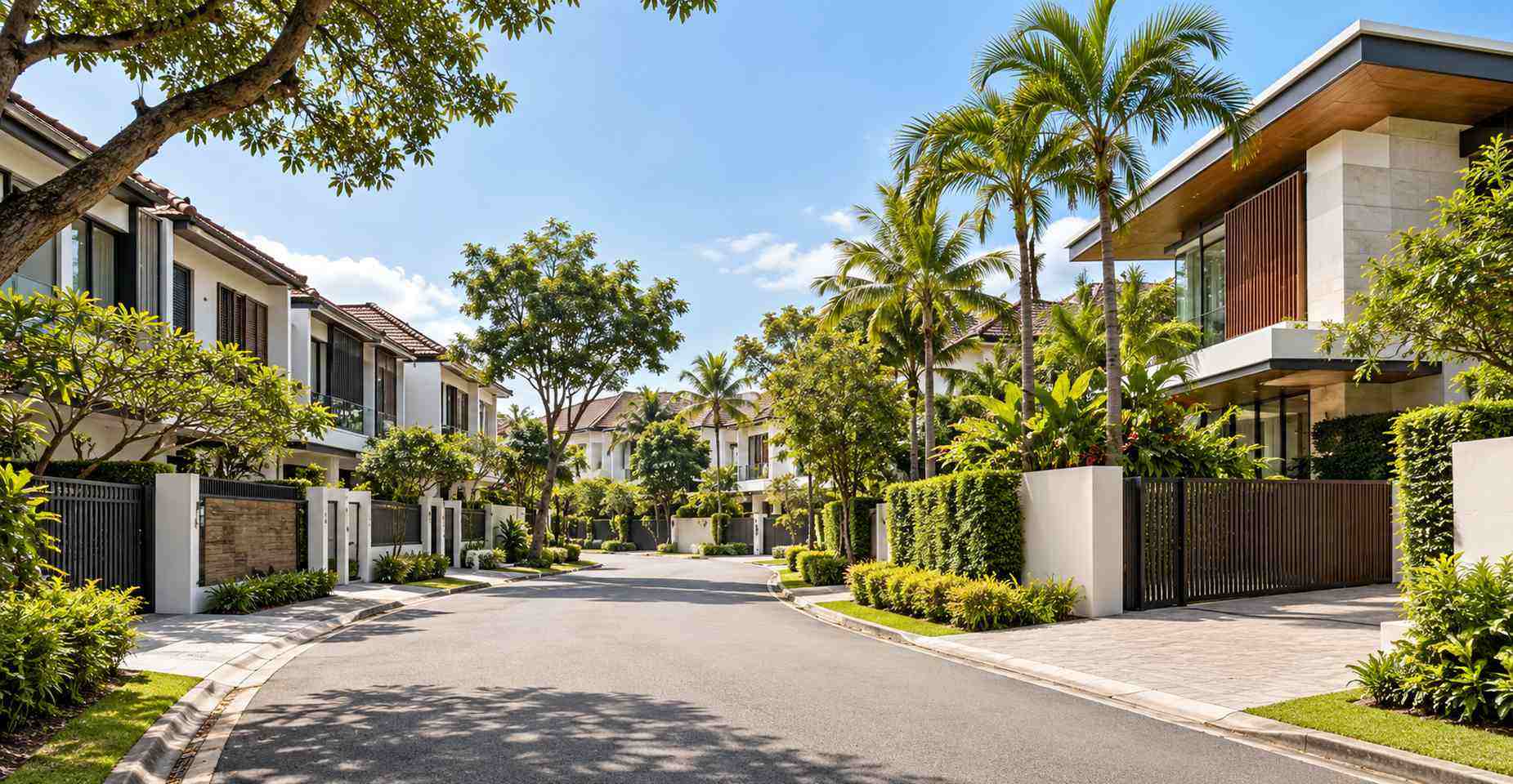 Landed property neighbourhood in Singapore with modern houses and tropical greenery