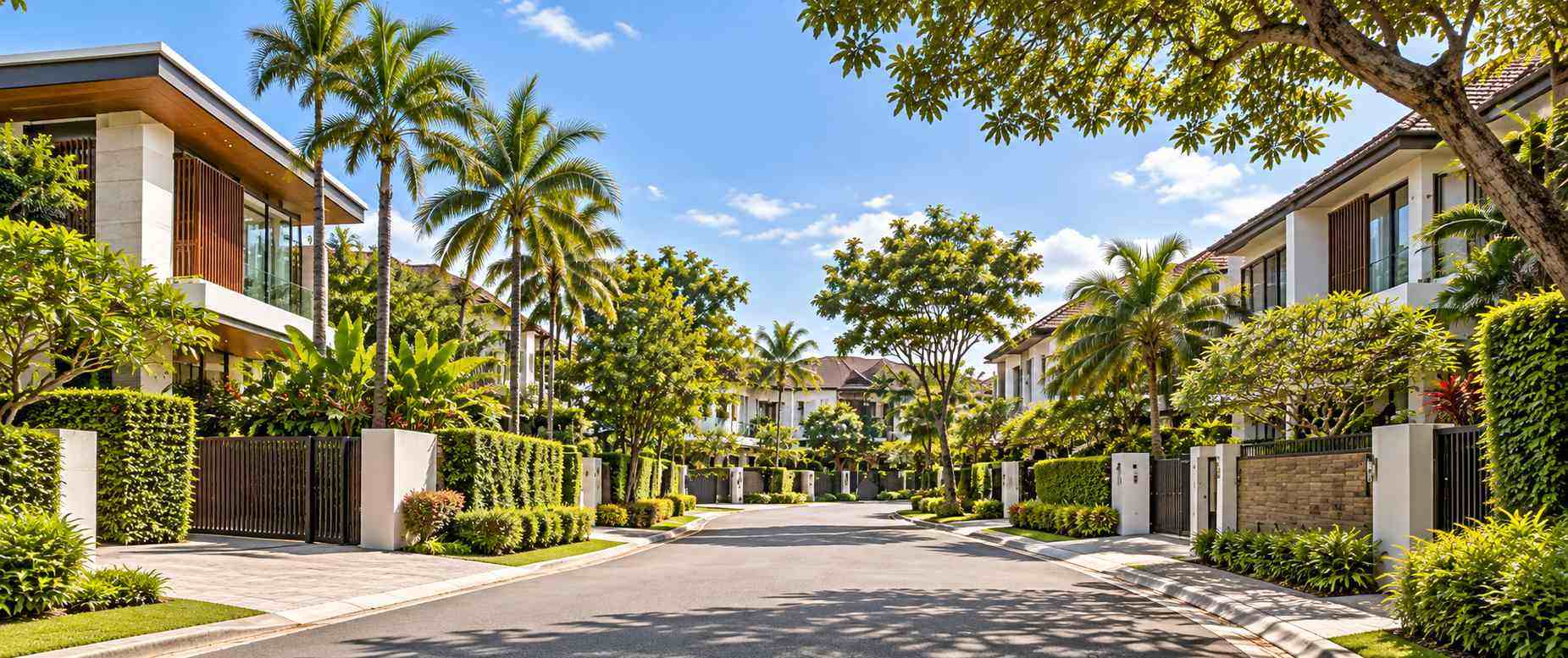 Landed property neighbourhood in Singapore with modern houses and tropical greenery