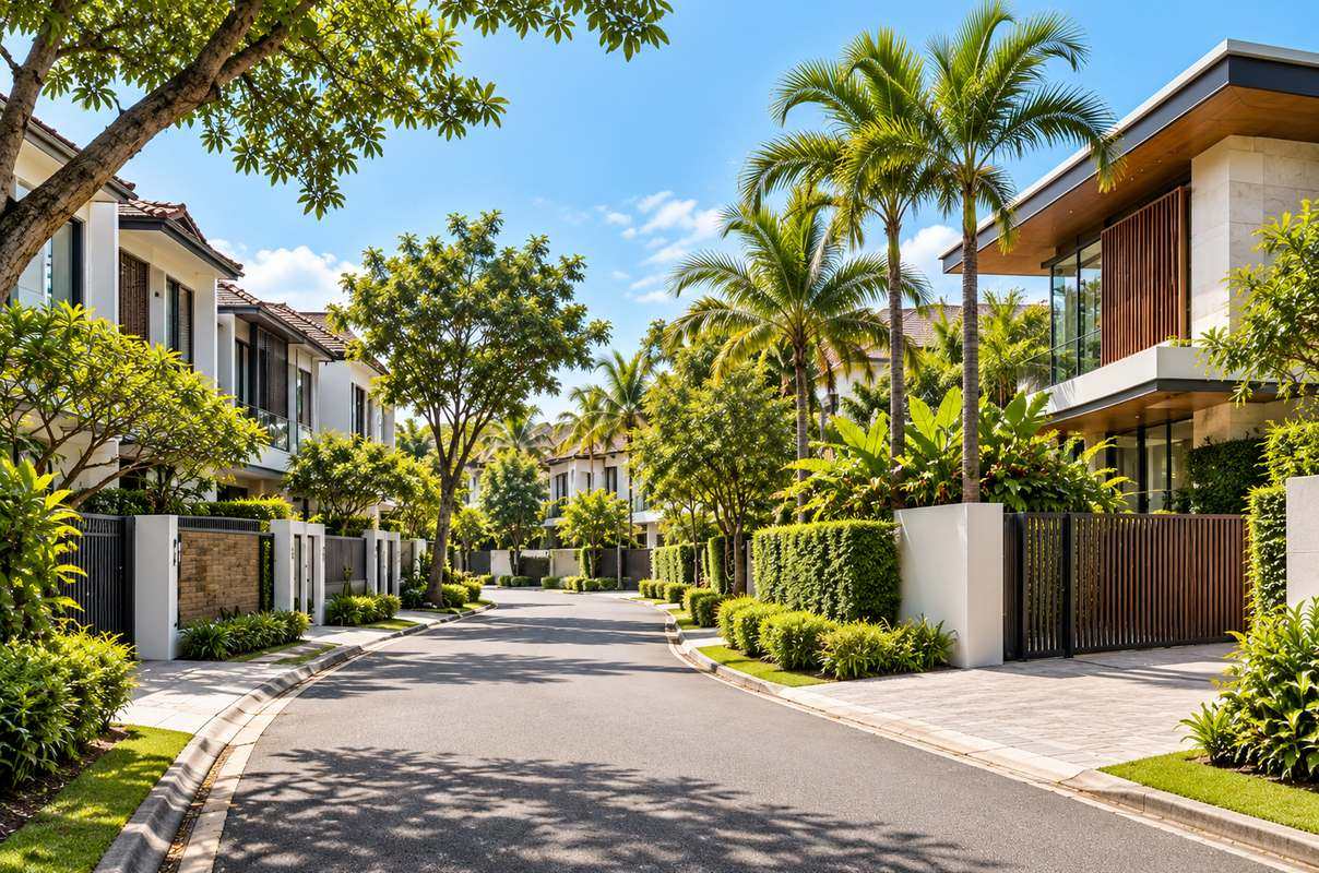 Landed property neighbourhood in Singapore with modern houses and tropical greenery
