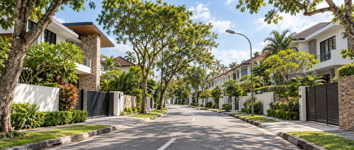 Landed property neighbourhood in Singapore with modern houses and tropical greenery