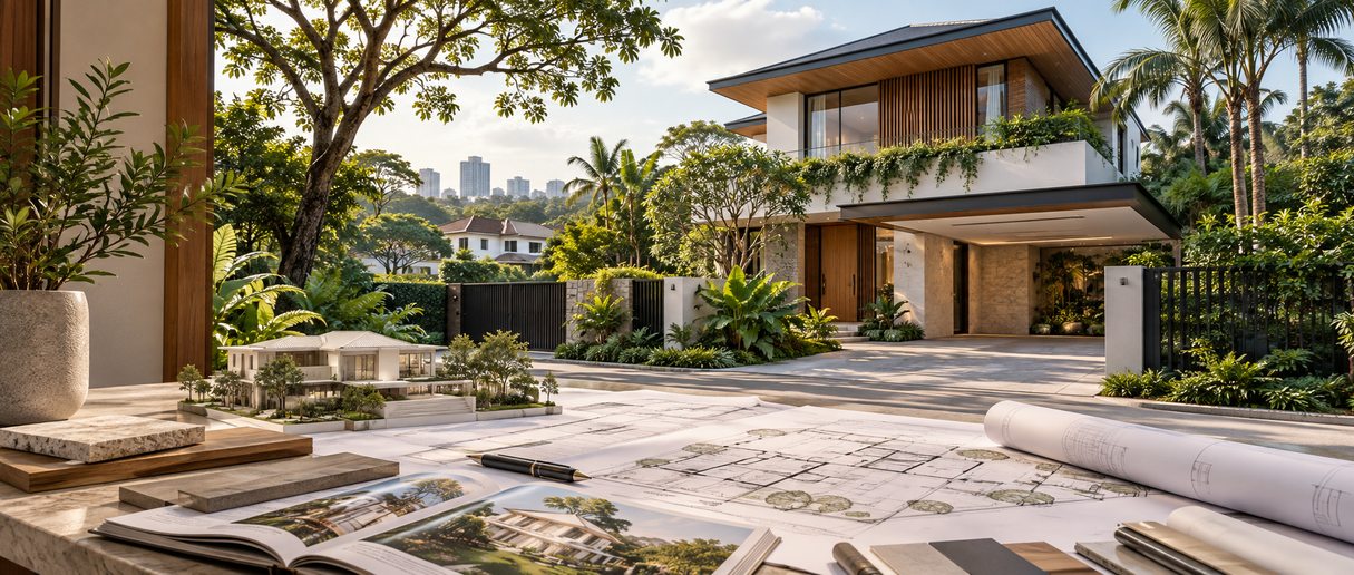 Modern Singapore landed house with architectural plans illustrating renovation and redevelopment potential