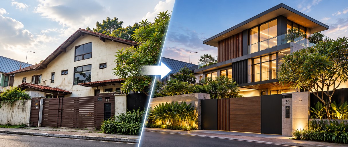 Before and after transformation of an ageing Singapore landed house into a modern rebuilt home