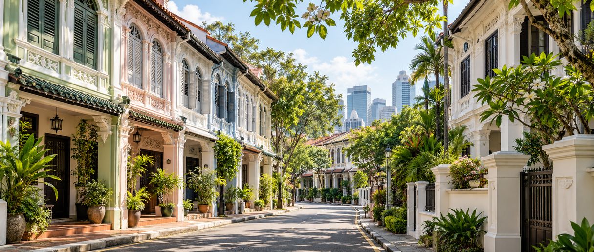 Conserved Singapore shophouses with traditional façades along a leafy heritage street