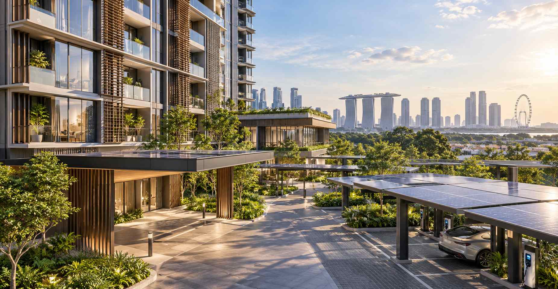 Modern sustainable residential development in Singapore featuring green landscaped terraces, solar-panel rooftops, electric vehicle charging stations and energy-efficient architecture, with Marina Bay Sands and the Singapore skyline in the background.