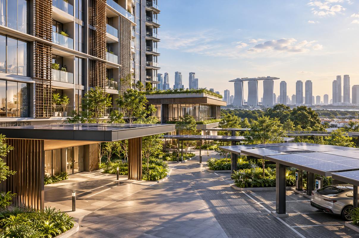 Modern sustainable residential development in Singapore featuring green landscaped terraces, solar-panel rooftops, electric vehicle charging stations and energy-efficient architecture, with Marina Bay Sands and the Singapore skyline in the background.