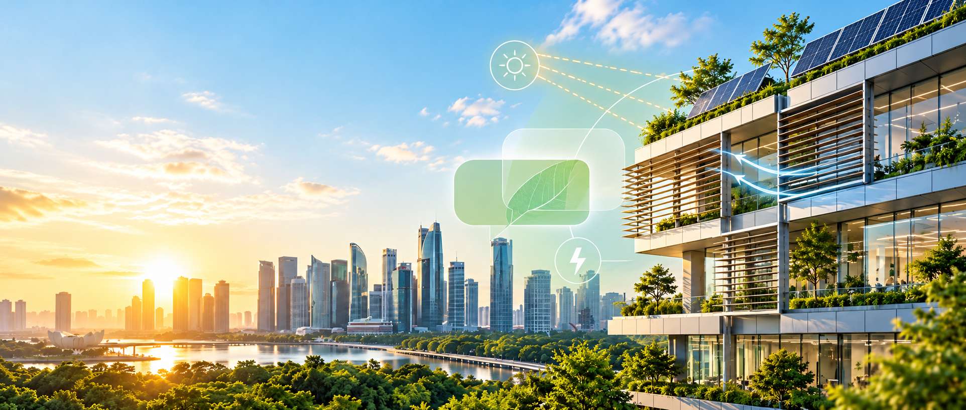 Modern energy-efficient building in Singapore featuring rooftop solar panels, passive shading systems, and energy-efficient glazing, with digital icons representing renewable energy and electricity savings against the city skyline, illustrating sustainable building design and Green Mark standards.