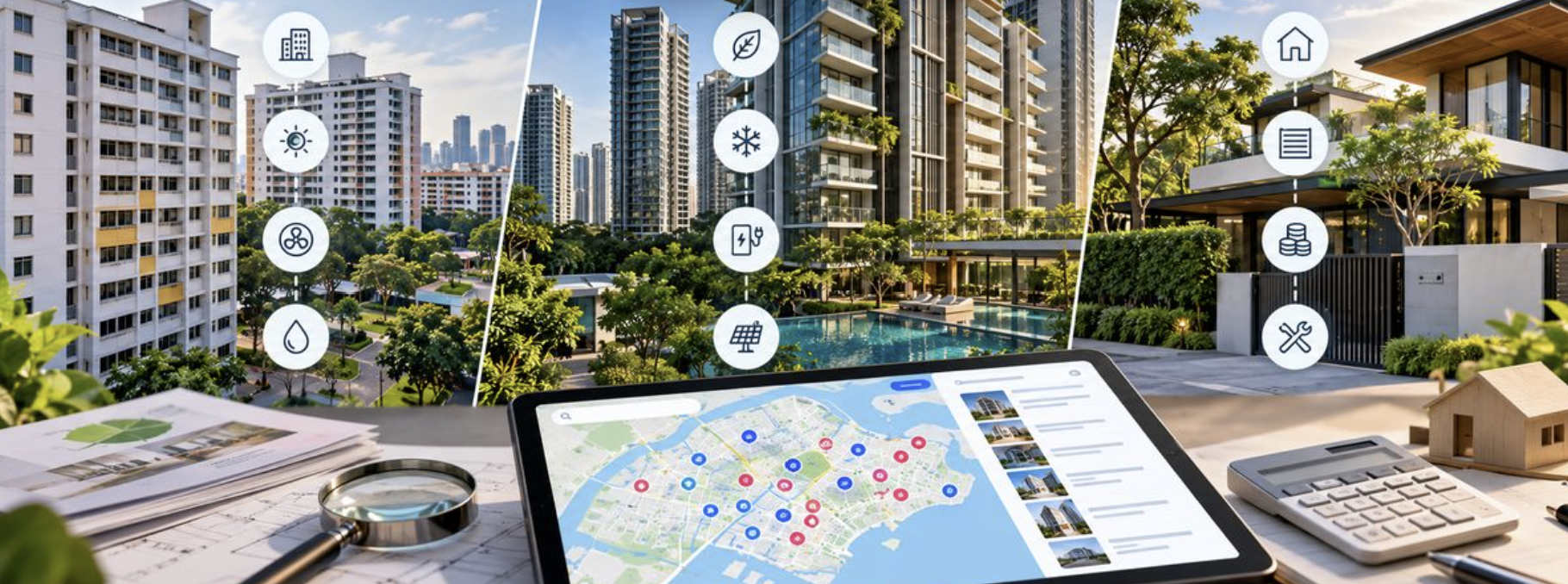 Comparison of Singapore HDB flats, private condominiums, and landed homes, highlighting sustainability features, energy efficiency, solar power, and maintenance costs, with a digital property price map illustrating how buyers can evaluate green building characteristics alongside nearby property transactions.