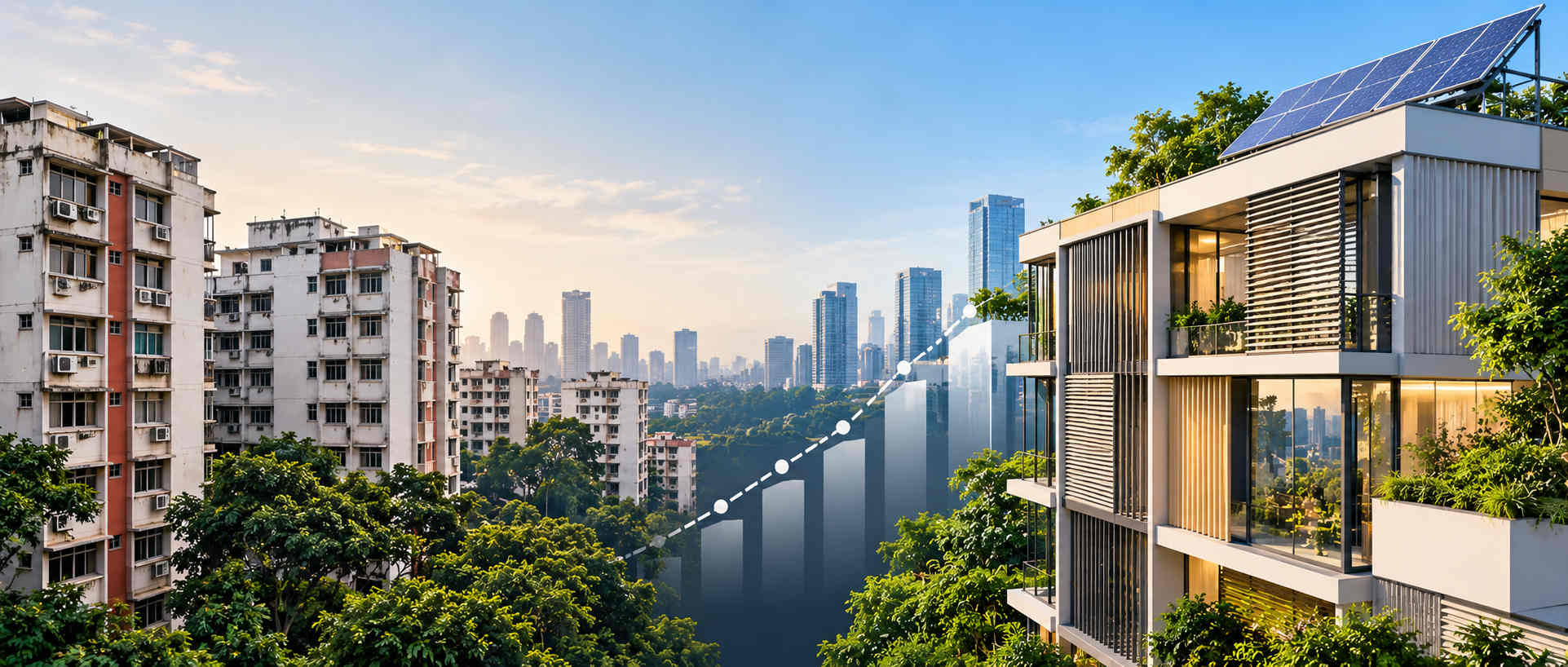 Comparison of ageing Singapore residential buildings with outdated façades and air-conditioning units versus modern energy-efficient developments featuring solar panels and passive shading systems, with a rising performance chart illustrating the growing sustainability gap between older and newer properties.