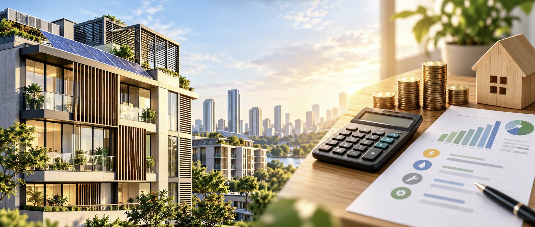 Modern energy-efficient residential building in Singapore featuring rooftop solar panels, passive shading, and sustainable materials, contrasted with a calculator, stacks of coins, and utility cost charts, illustrating the relationship between green building design, electricity savings, and long-term property maintenance expenses.