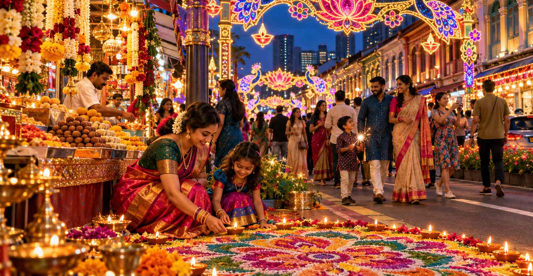 Deepavali celebrations in Singapore’s Little India, featuring colourful street lights, festive decorations, traditional Indian sweets, oil lamps and families creating a vibrant rangoli.