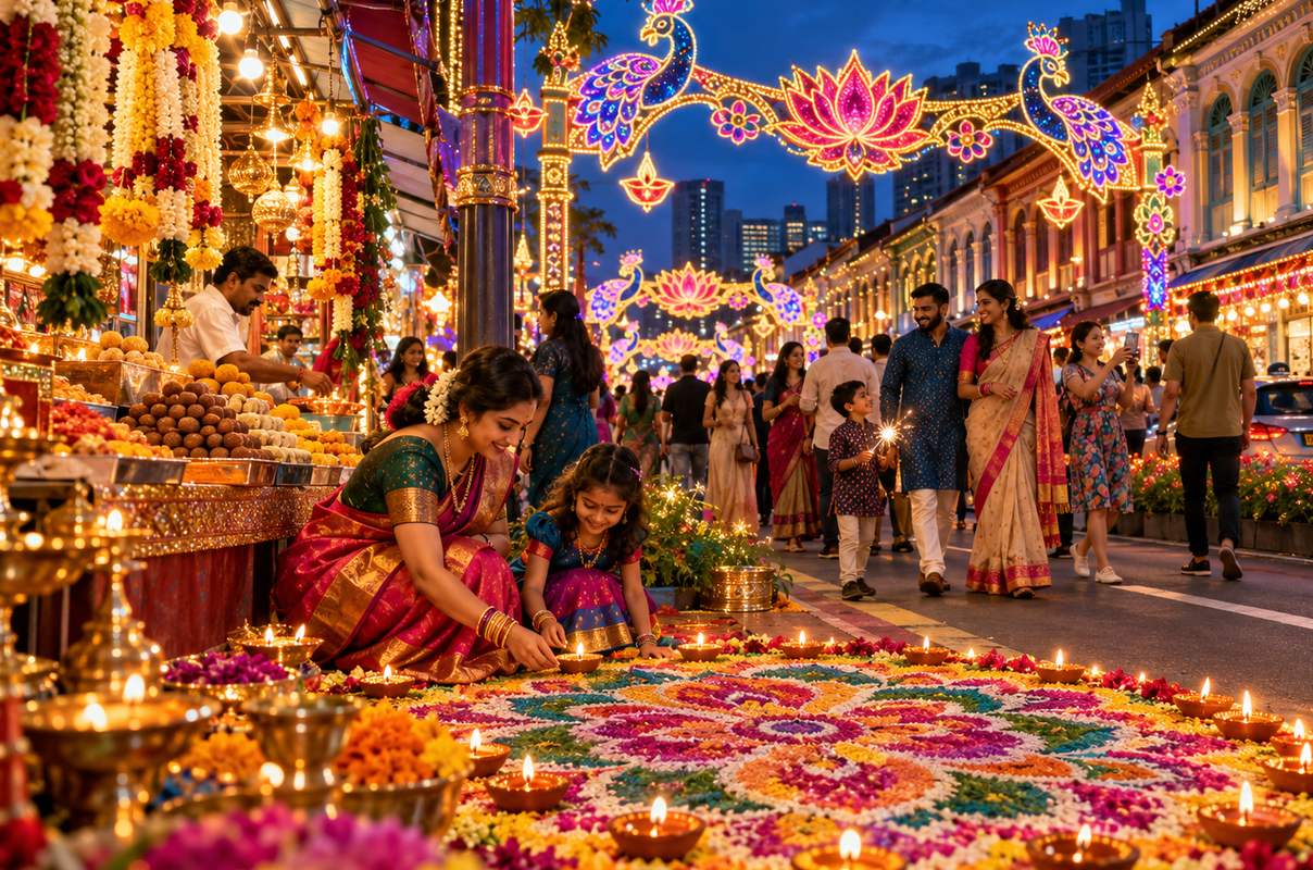 Deepavali celebrations in Singapore’s Little India, featuring colourful street lights, festive decorations, traditional Indian sweets, oil lamps and families creating a vibrant rangoli.
