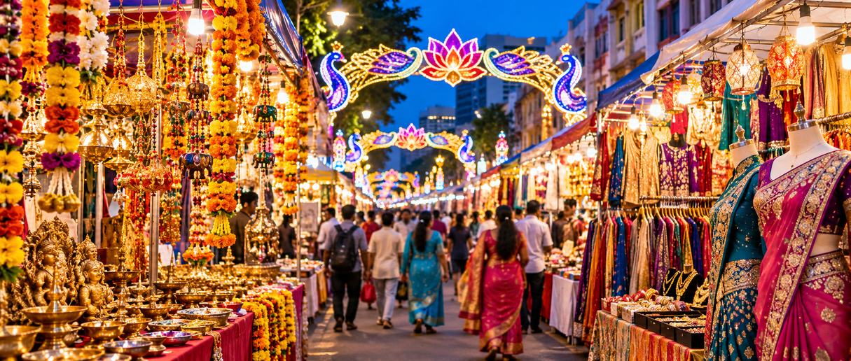 Colourful Deepavali Festival Village in Singapore’s Little India, featuring vibrant sarees, traditional jewellery, festive decorations, illuminated stalls and visitors shopping along Campbell Lane.