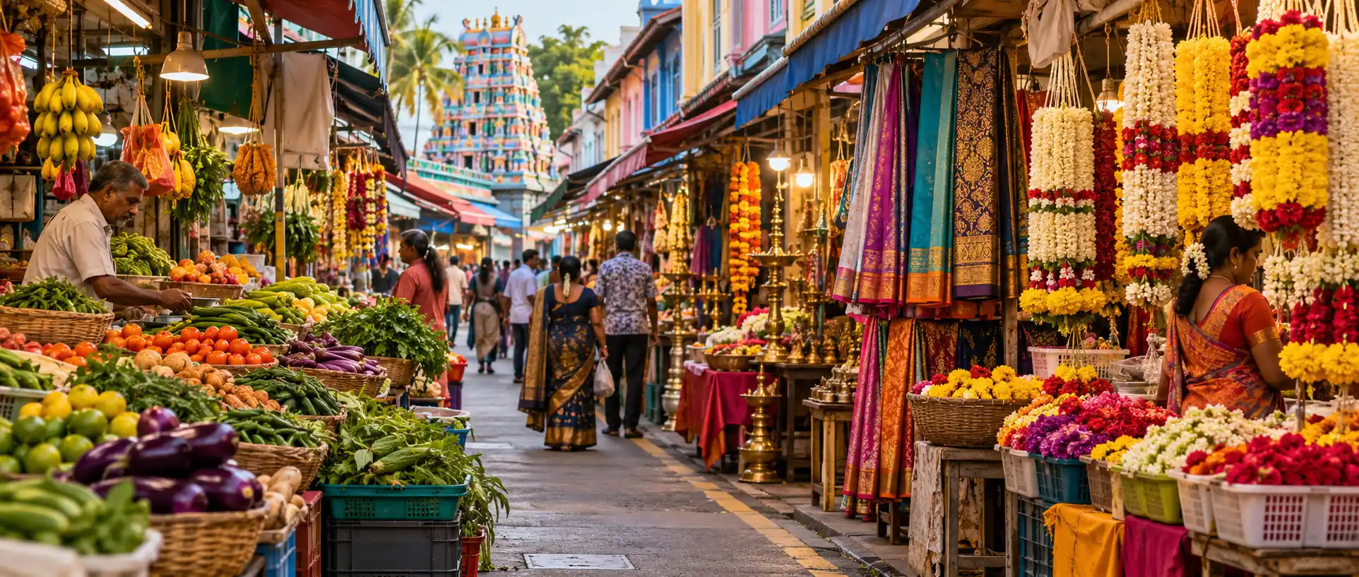 Colourful market lane in Singapore's Little India, featuring fresh produce, flower garlands, traditional Indian textiles and bustling street stalls.