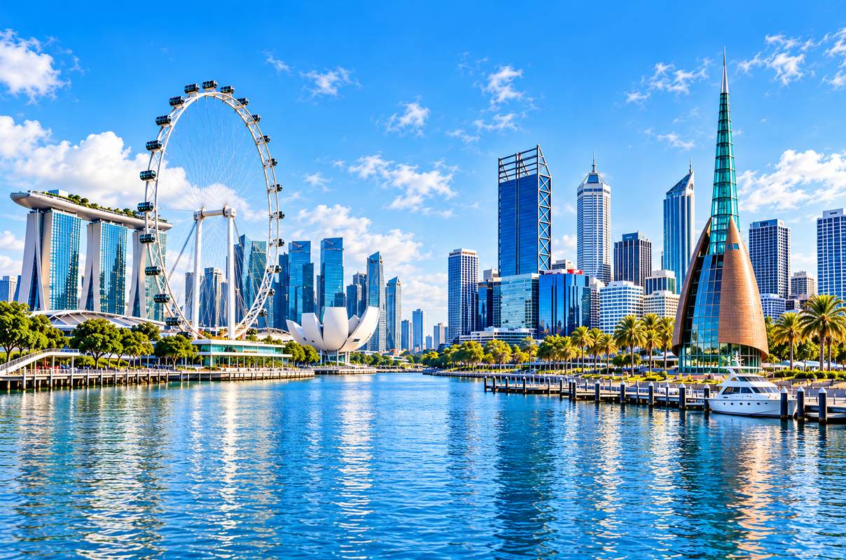 Singapore and Perth, Australia skyline featuring the Singapore Flyer, Marina Bay Sands and Perth Bell Tower, symbolising the connection between the two cities