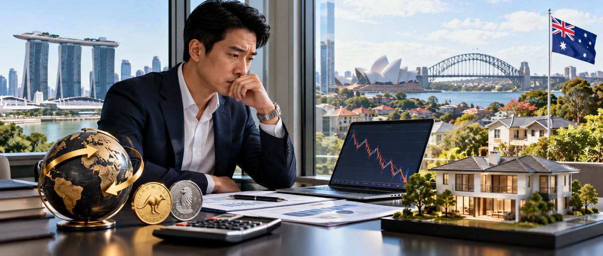 Singaporean property investor reviewing Australian real estate investment risks, with Singapore and Sydney skylines, currency exchange symbols and declining financial charts.