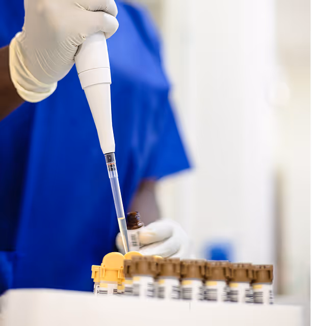 A person in blue scrubs uses a pipette to transfer liquid into test tubes.