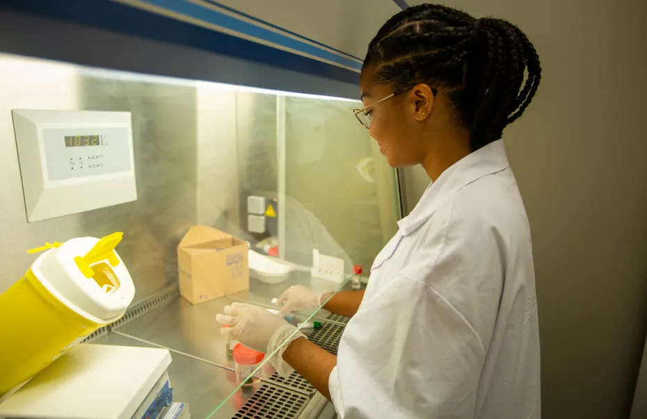 A person in a lab coat works with samples under a fume hood.