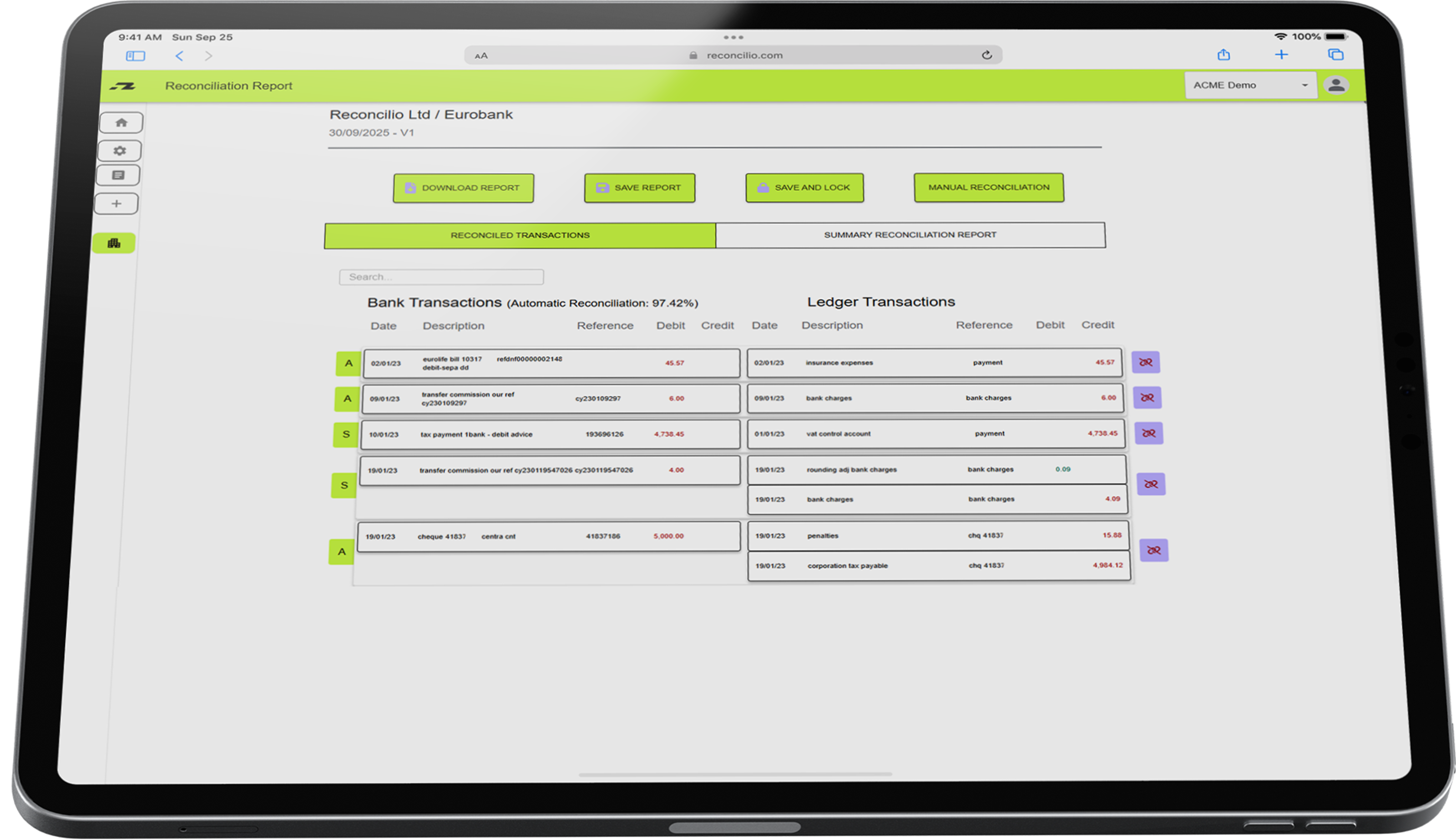 iPad mockup displaying Reconcilio’s Reconciled Transactions screen, floating to highlight the platform’s clean and modern interface.