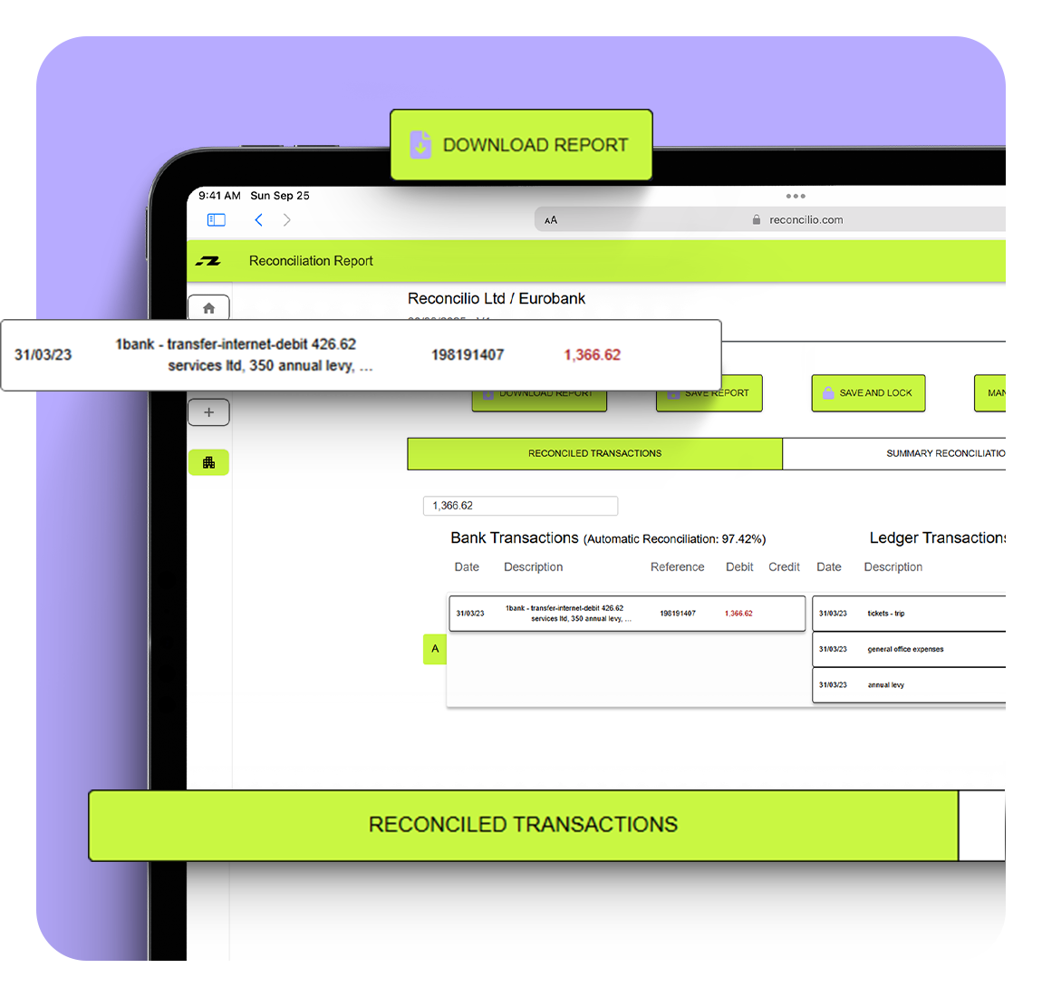 Reconcilio platform displayed on an iPad, showcasing the Auto Matching Many-to-One screen with highlighted UI elements, set against a mauve shape for visual focus.