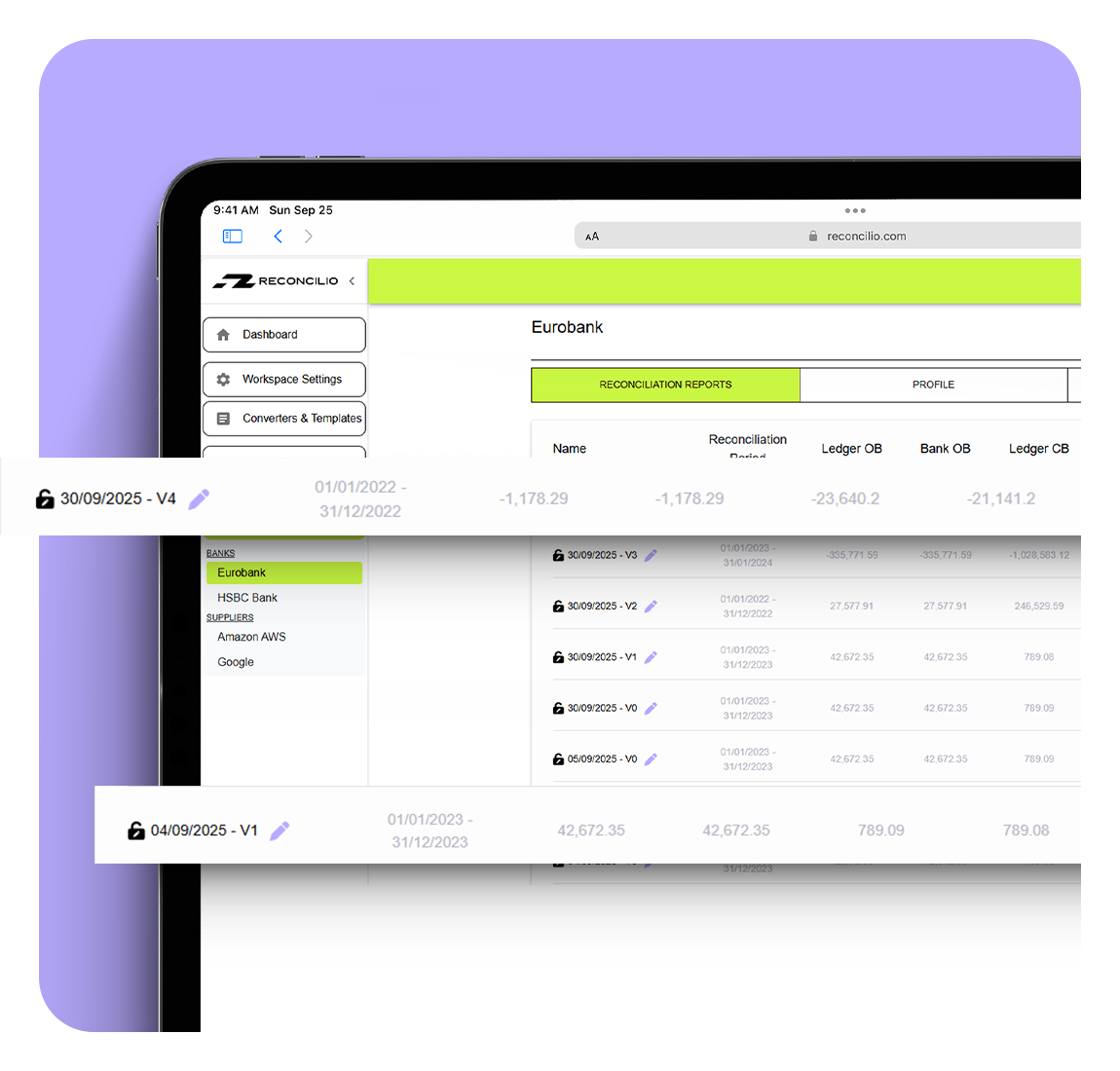 iPad displaying Reconcilio’s Archived Reconciliations by Account screen with highlighted UI elements, set against a mauve background to emphasise organised audit-ready records.
