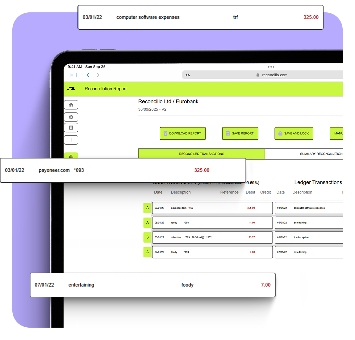 Reconcilio platform shown on an iPad, highlighting the Reconciled Transactions List screen with key UI elements, set on a mauve background to showcase transparency and tracking.