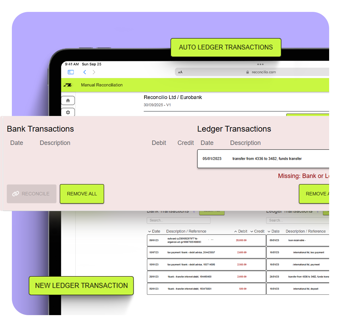 iPad displaying Reconcilio’s Manual Exception Handling screen with highlighted UI elements, set against a mauve shape to illustrate how users can review and resolve unmatched transactions.