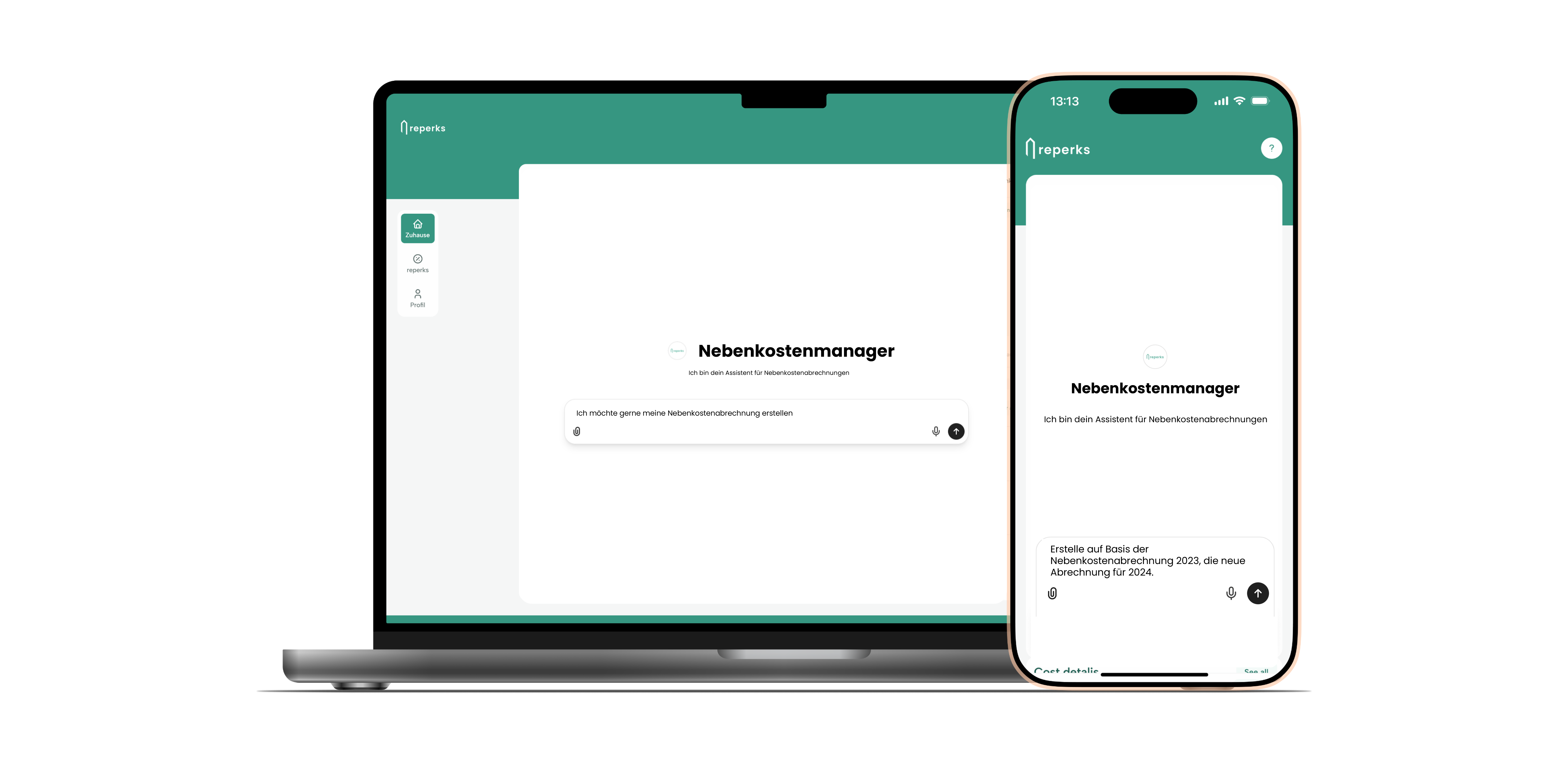 Mobile App-Oberfläche mit einem Dashboard zur Verwaltung von Wohnkosten, detaillierten Miet- und Nebenkosten sowie Cashback-Transaktionen