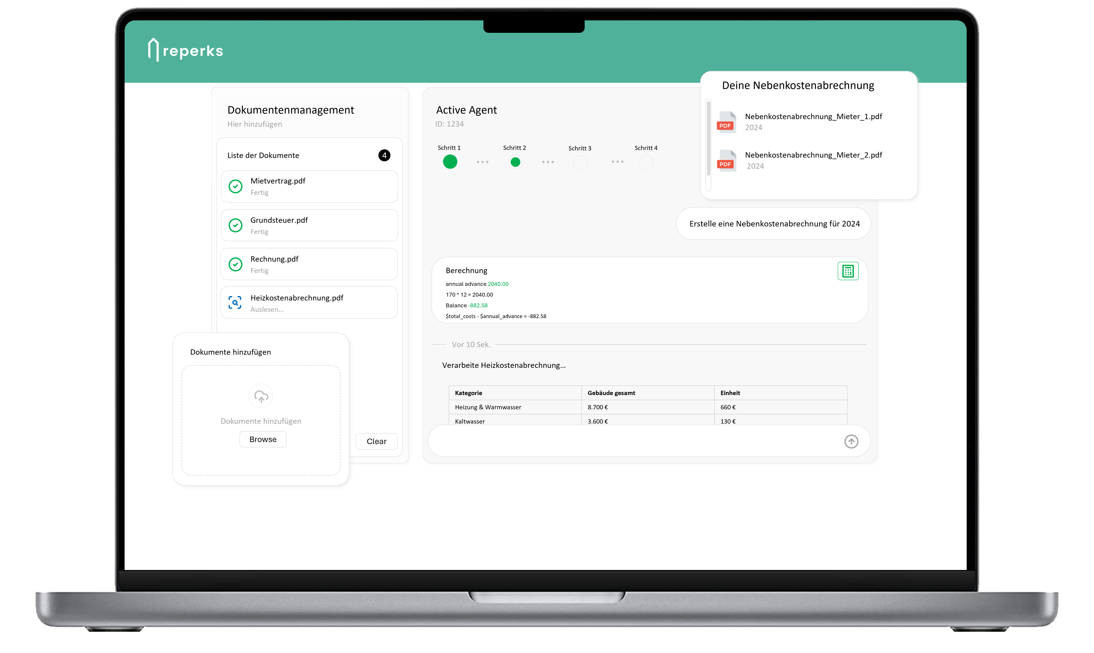 Mobile App-Oberfläche mit einem Dashboard zur Verwaltung von Wohnkosten, detaillierten Miet- und Nebenkosten sowie Cashback-Transaktionen