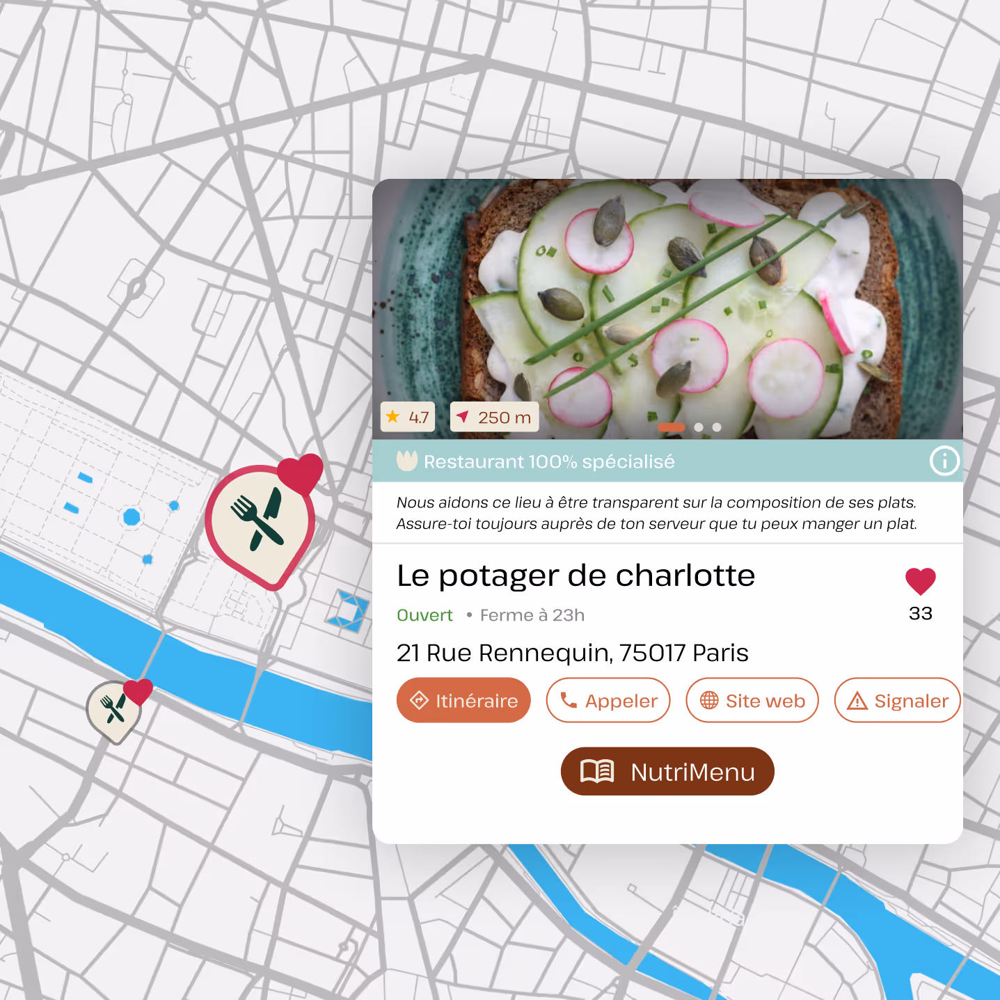 Carte qui montre la fiche d'un restaurant.